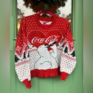 Coca Cola Heart Polar Bear Drinking Ugly Christmas Sweater Large Red White Heart